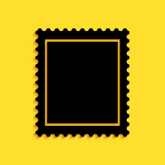Poster - Black Postal stamp icon isolated on yellow background. Long shadow style. Vector.