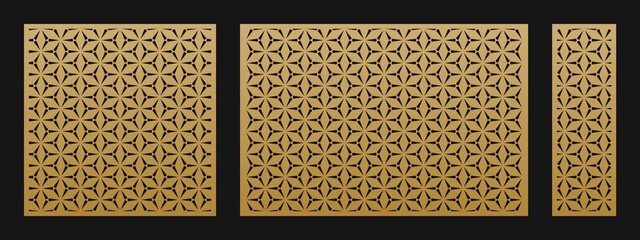 Poster - Laser cut patterns. Vector set with geometric ornaments in Oriental style, hexagonal grid. Elegant minimal stencil for laser cutting of metal, wood, decorative panel. Aspect ratio 1:1, 3:2, 1:3