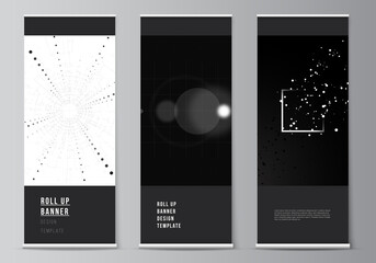Poster - Vector layout of roll up design templates for vertical flyers, flags design templates, banner stands. Black color technology background. Digital visualization of science, medicine, tech concept.