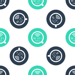 Poster - Green Cup of coffee shop with free wifi zone icon isolated seamless pattern on white background. Internet connection placard. Vector.
