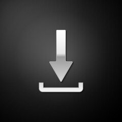 Fototapete - Silver Download icon isolated on black background. Upload button. Load symbol. Arrow point to down. Long shadow style. Vector.