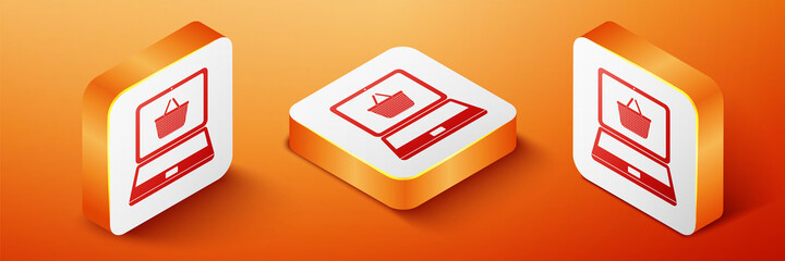 Leinwandbilder - Isometric Mobile phone and shopping basket icon isolated on orange background. Online buying symbol. Supermarket basket symbol. Orange square button. Vector.