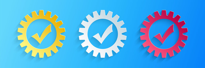 Poster - Paper cut Gear with check mark icon isolated on blue background. Cogwheel simple icon. Approved service sign. Transmission Rotation Mechanism symbol. Paper art style. Vector.