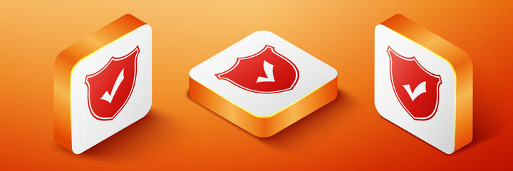 Poster - Isometric Shield with check mark icon isolated on orange background. Protection symbol. Security check Icon. Tick mark approved icon. Orange square button. Vector.