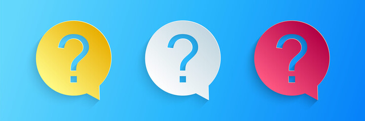 Fototapete - Paper cut Question mark in circle icon isolated on blue background. Hazard warning symbol. Help symbol. FAQ sign. Paper art style. Vector.