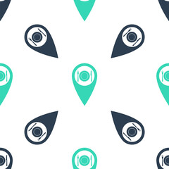 Fototapete - Green Map pointer with restaurant and cutlery, dish, fork, knife icon isolated seamless pattern on white background. Vector.