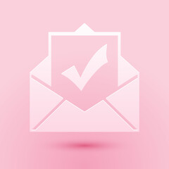 Poster - paper cut envelope with document and check mark icon isolated on pink background. successful email d