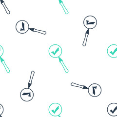 Fototapete - Green Magnifying glass and check mark icon isolated seamless pattern on white background. Magnifying glass and approved, confirm, done, tick, completed symbol. Vector.