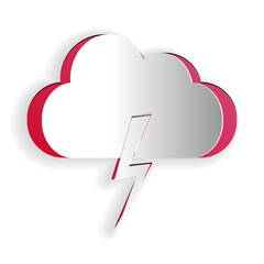 Poster - Paper cut Storm icon isolated on white background. Cloud and lightning sign. Weather icon of storm. Paper art style. Vector.