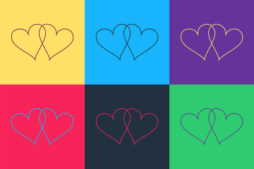 Poster - Pop art Two Linked Hearts icon isolated on color background. Heart two love. Romantic symbol linked, join, passion and wedding. Valentine day symbol. Vector.