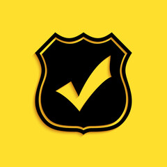 Poster - Black Shield with check mark icon isolated on yellow background. Protection, safety, security, protect, defense concept. Tick mark approved icon. Long shadow style. Vector.