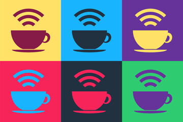 Wall Mural - Pop art Cup of coffee shop with free wifi zone icon isolated on color background. Internet connection placard. Vector.