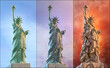 The Statue of Liberty, stages of destruction. Symbol of US problems: USA democracy crisis, United States of America presidential election protests, coronavirus pandemic, economy conflicts 3D image set