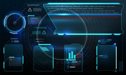 Poster - HUD, UI, GUI futuristic user interface screen elements set. High tech screen for video game. Sci-fi concept design.  Virtual hi Scifi HUD, UI, GUI futuristic user frame interface screen elements set.