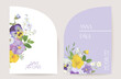 Modern minimal violet floral Art Deco wedding vector Invitation. Botanical watercolor pansy boho card