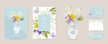 Wedding Violet Pansy Floral Save The Date Set. Vector Spring Flower Boho Invitation Card. Watercolor Template Frame