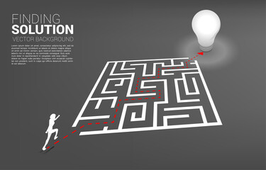 Poster - Silhouette of businessman running on path to exit the maze to light bulb. Business concept for problem solving and finding idea.