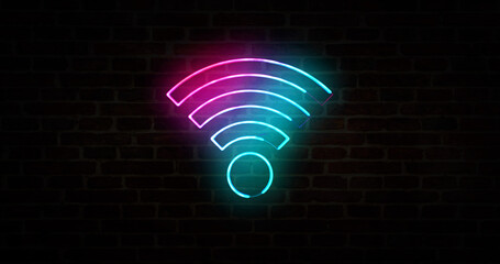 Wall Mural - Wifi hotspot and 5G symbol neon on brick wall illustration