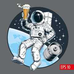 Wall Mural - Astronaut holding a beer pint and beer keg in outer space. Vector illustration.