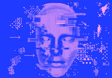 Abstract Technology Background With 3d Face Mask Made Of Particles. Conceptual Illustration Of Artificial Intelligence.