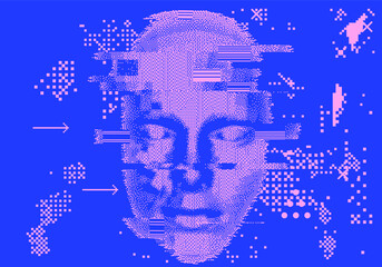 Aufkleber - Abstract technology background with 3d face mask made of particles. Conceptual illustration of Artificial intelligence.