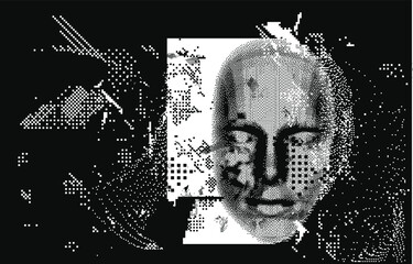 Aufkleber - Abstract technology background with 3d face mask made of particles. Conceptual illustration of Artificial intelligence.