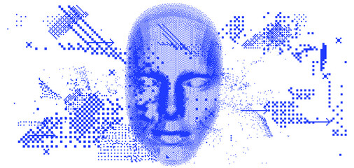 Poster - Abstract technology background with 3d face mask made of particles. Conceptual illustration of Artificial intelligence.