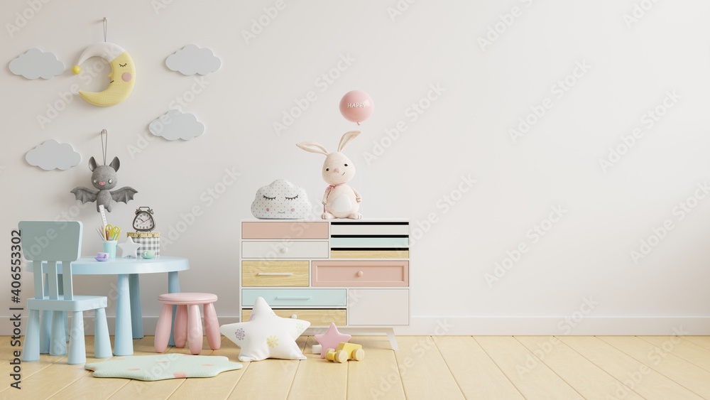 Mock up wall in the children's room with kid table set in light white color wall background. - obrazy, fototapety, plakaty 