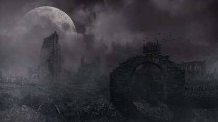 Wall Mural - figure with knife in ruins misty night sky 4k loop features a smoke and mist filled full moon landsc