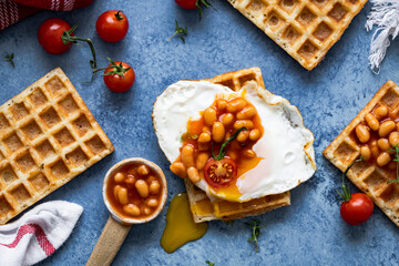 Wall Mural - Holiday breakfast with waffle beans and eggs food photography