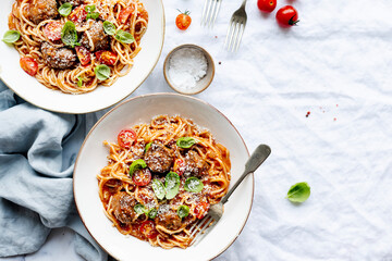 Wall Mural - Spaghetti meatball topped with parmesan and basil food photography