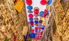 Alley In Old Amman Decorated With Colourful Umbrellas  Kingdom Of Jordan, Middle East.