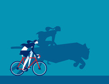 A Cyclist And Silhouette Riding A Tiger. Powerful Driving Force