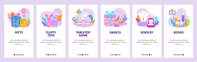 Poster - online gifts. fluffy toys, tabletop games, sweets, jewelry, books. mobile app screens, vector websit