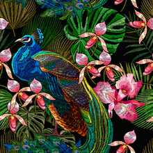 Embroidery Peacocks And Orchid Exotic Tropical Flowers. Seamless Pattern. Fashionable Template For Design Of Clothes. Fashion Tropical Birds. Jungle Forest Art