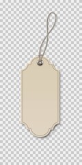 Poster - Vintage beige price or label tags mockup template. Blank card with string for gifts or sales isolated on transparent background. Empty sticker with thread frame vector illustration