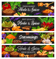 Wall Mural - Herbs and spices, fresh food seasoning and condiment cartoon vector banners. Leaves of basil, mint, thyme, oregano and rosemary, chilli, garlic, dill and lavender flowers, pepper and cardamom seeds