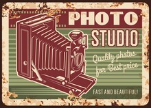 Photo Studio Metal Plate Rusty With Retro Camera, Vector Vintage Poster. Photography Studio Of Instant Photos Salon, Sign Or Metal Plate With Rust And Classic Retro Photograph Camera