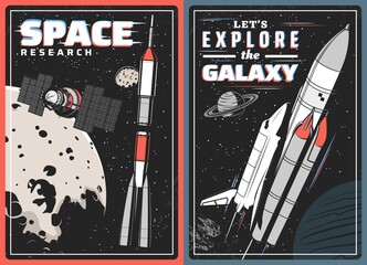 Poster - Spaceships, satellite and planets with glitch effect, vector design of space travel. Shuttle with rocket, universe galaxy star and meteor, Moon, Earth and Jupiter retro posters of astronomy