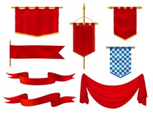 Medieval Flags And Banners, Royal Vector Fabric Of Red And Chequered Blue And White Colors. Vintage Style Ribbons, Knight Standards With Golden Fringe, Antique Military Gonfalon On Poles Isolated Set