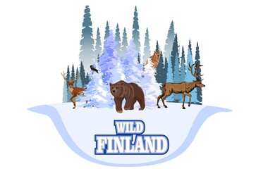 Wall Mural - Wild Finland with wild animals,Vector Finland winter forest  with bear, reindeer and elk