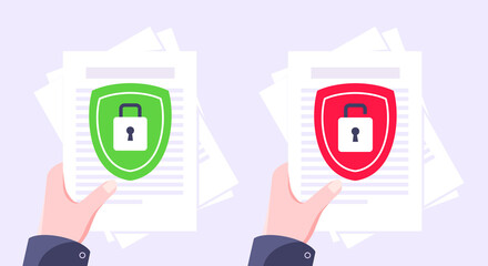 Wall Mural - Privacy policy, safety lock and data protection metaphor set. Shield with padlock on the paper with personal data security protection symbol flat style design vector illustration.