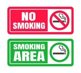 No smoking and smoking area sign set. Forbidden sign icon isolated on white background vector illustration. Cigarette, smoke and red or green warning circles.