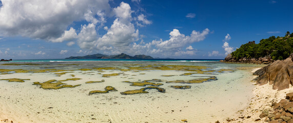  Day time view of Praslin Island from a beach on La Digue in the Seychelles