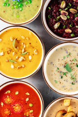 Wall Mural - Vegan cream soups variety. Various vegetable soups, overhead shot