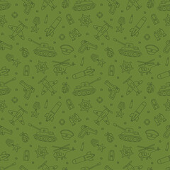 Seamless pattern for Defender of the Fatherland Day 23 february and Victory day 9 may. Hand drawn vector illustration on green background