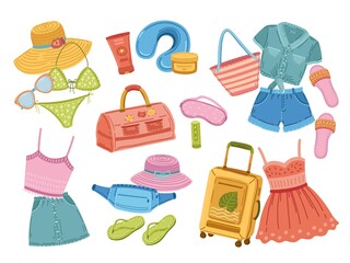 Sticker - Travel stuff. Traveller suitcase, doodle fashion shoes and clothes. Tourism baggage, vacation or journey bags and accessory exact vector set. Illustration bag and suitcase, shoes and clothes