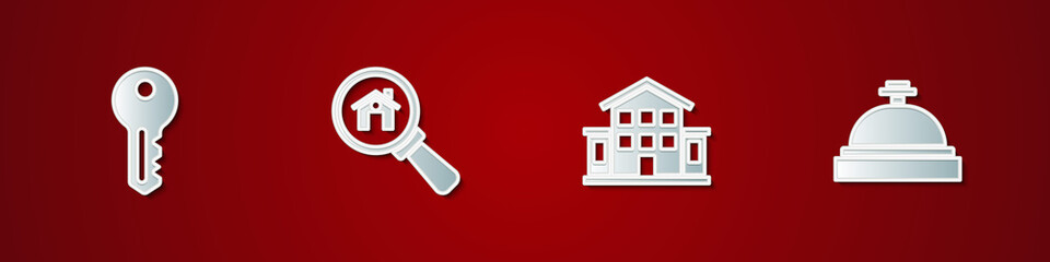 Sticker - Set House key, Search house, and Hotel service bell icon. Vector.