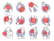 © leremy - Pain and injury on hand and leg parts. Vector illustrations of painful hand, fingers, arm, leg, ankle, heel, knee, and elbow. Symptoms of muscle sprain, soreness, ligament, and injury problems.