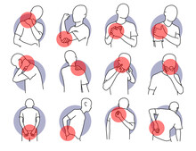 Pain And Injury On Human Body Parts. Vector Illustrations Of Painful, Stiffness, And  Injury On Shoulder, Neck, And Spine. Health Problem Of Muscle Tension And Spinal Subluxation Issues.